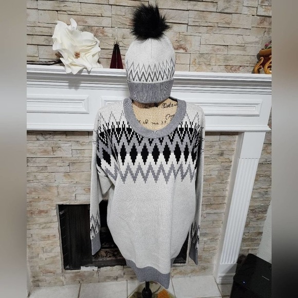 Cupcakes and Cashmere Faire aisle sweater and pom pom beanie‎ hat plus size 1X - Picture 1 of 8